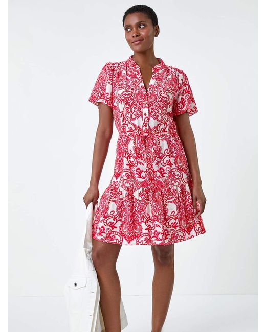 Roman Red Floral Print Frill Hem Shirt Dress