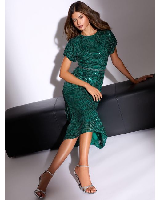 Lipsy Green Sleeve Fit Premium Sequin Embellished Short And Flare Midi Dress