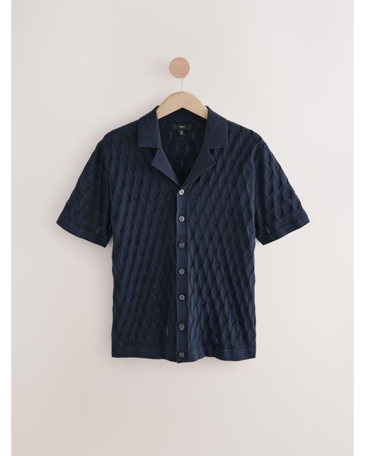 Next Blue Regular Fit 100% Cotton Short Sleeve Cuban Collar Knit Pointelle Shirt for men