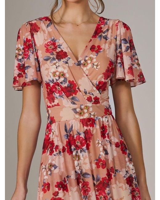 Jolie Moi Red Floral Print Mesh Wrap Maxi Dress
