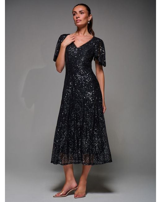 Jolie Moi Black Sequin Angel Sleeve Fit & Flare Midaxi Dress