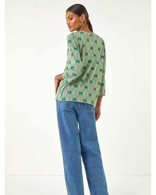 Roman Green Geometric Print Stretch T-Shirt