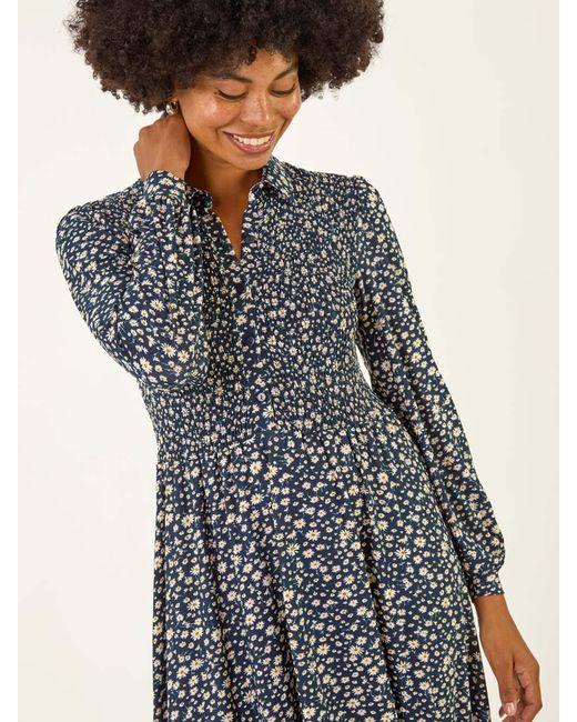 Roman Black Ditsy Floral Print Shirred Midi Dress