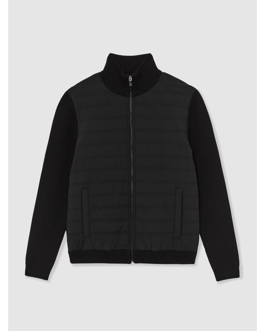 Reiss Black Quilted Rib-Knit Funnel-Neck Jacket for men