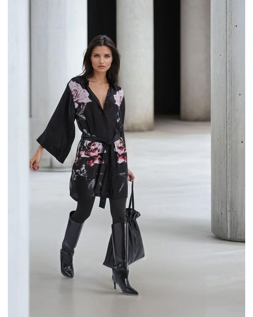 Religion Gray Kimono Sleeve Rose Heart Tunic Dress With Tie Belt