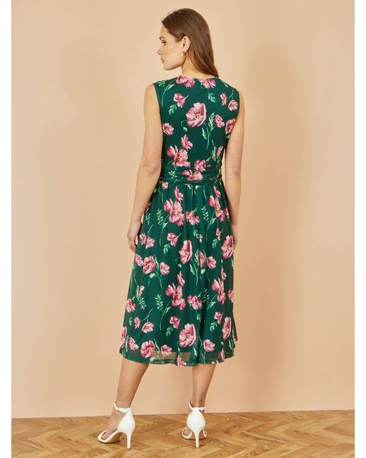 Yumi' Blue Floral Print Mesh Stretch Midi Dress With Pockets