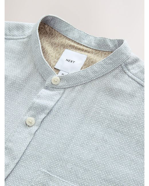 Next Blue Grandad Collar Cotton Linen Blend Short Sleeve Shirt for men