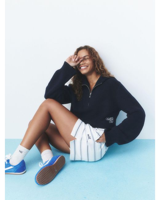Self Blue Knitted Half Zip Jumper