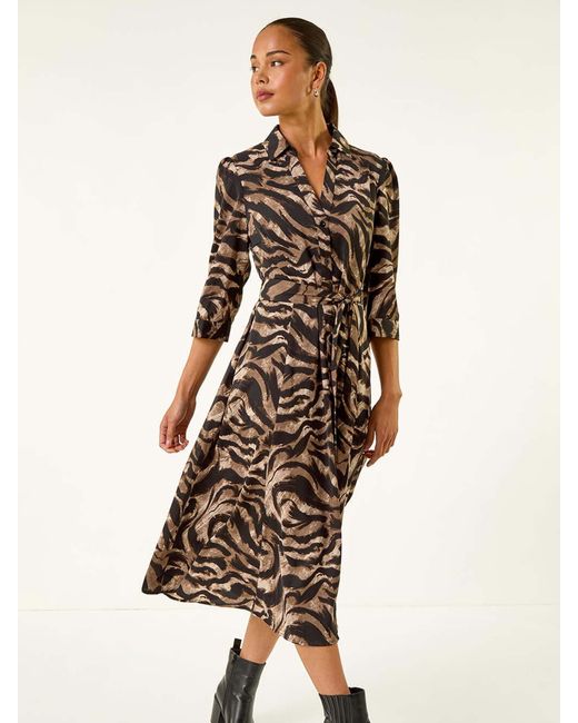 Roman Brown Petite Animal Print Shirt Stretch Dress
