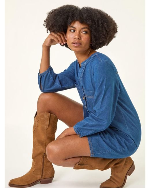 Roman Blue Cotton Denim Button Shift Dress