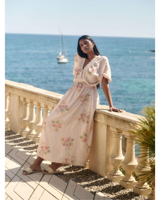 Simply Be Women's Blue Printed 100% Linen V-Neck Midi Dress