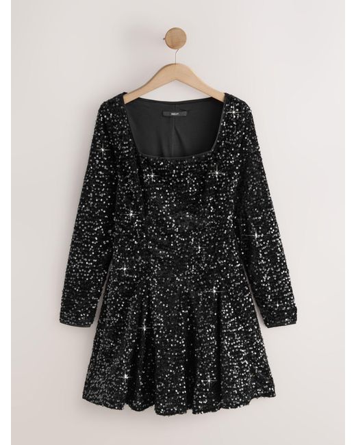 Next Black Square Neck Flippy Mini Sequin Dress