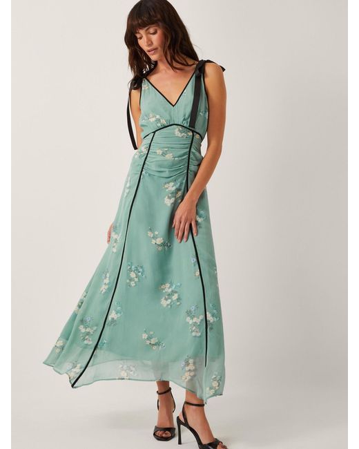 Monsoon Green Giselle Floral Print Bow Midi Dress