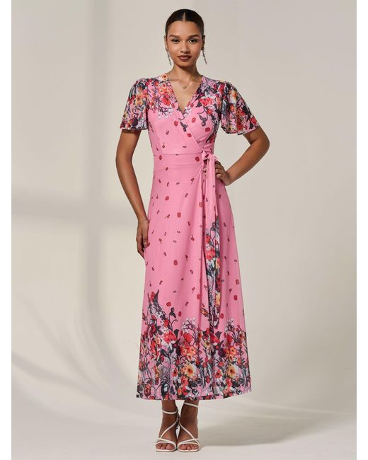 Jolie Moi Pink Floral Mirror Mesh Wrap Maxi Dress