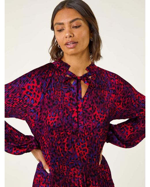 Roman Red Animal Print Tie Neck Pleated Blouse