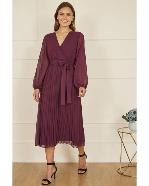 Yumi' Purple Pleated Wrap Midi Dress With Sheer Long Sleeves