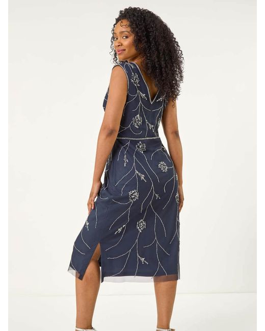 Roman Blue Petite Embellished V-Neck Midi Dress
