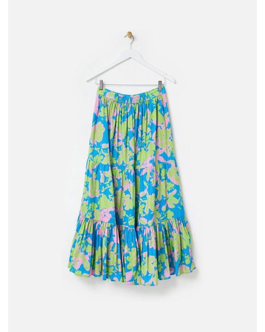 Oliver Bonas Blue 100% Cotton Luminous Floral Tiered Midi Skirt