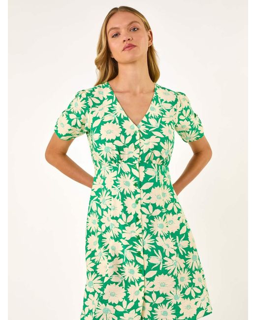 Roman Green Daisy Print V-Neck Tea Dress