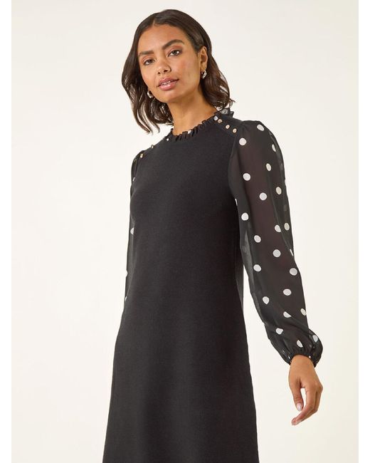 Roman Women's Black Spot Print Frill Knitted Dress