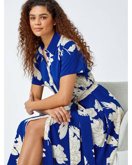 Roman Blue Contrast Floral Print Shirt Dress