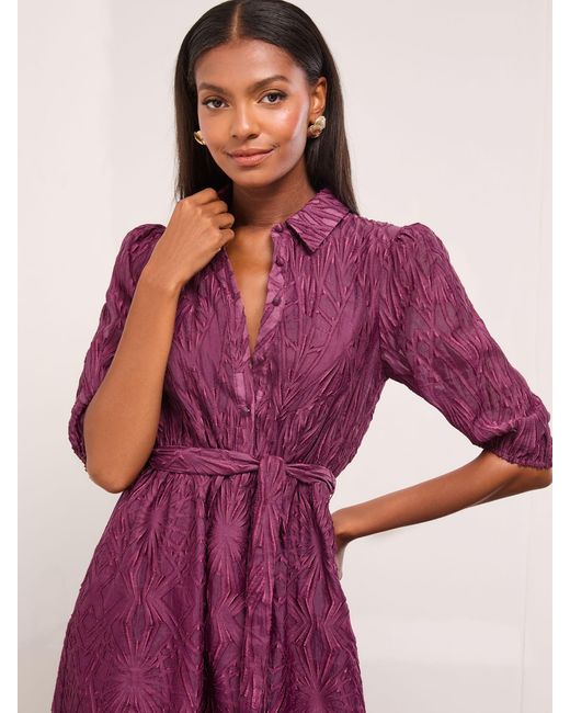 Lipsy Purple Fit And Flare Textured 3/4 Sleeve Button Through Midi Shirt Dress