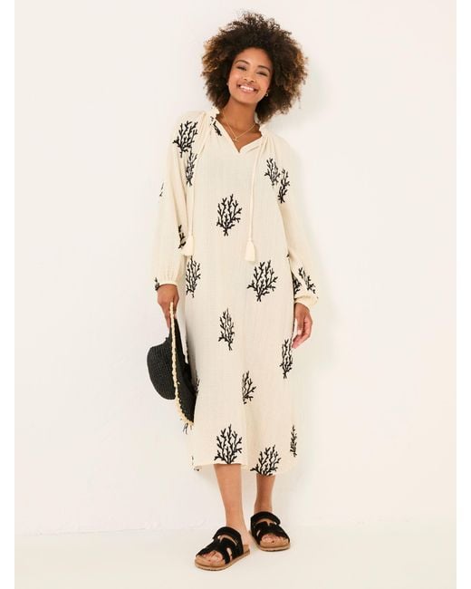 FatFace Natural Fatface Beachwear Coral Embroidered Kaftan Dress