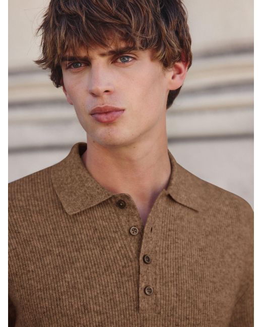 Next Brown Regular Fit Textured Long Sleeve Knit Polo Shirt With Wool for men