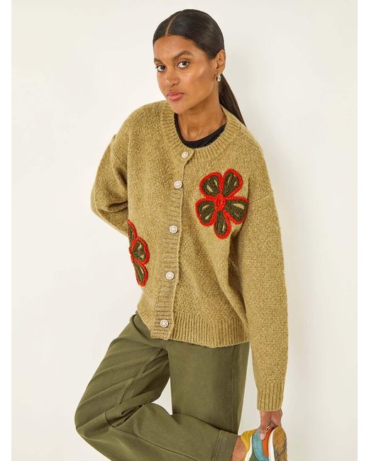 Roman Green Flower Embroidered Button Cardigan