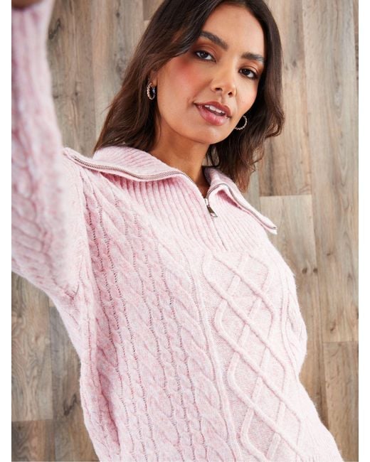Threadbare Pink Cable Knit Quarter Zip Jumper