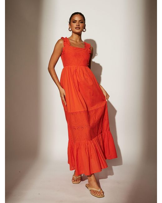 South Beach Red Palm Broderie Tie Back 100% Cotton Maxi Dress