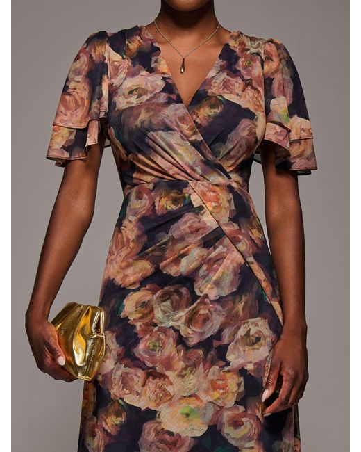 Jolie Moi Brown Angel Sleeve Draped Mesh Maxi Dress