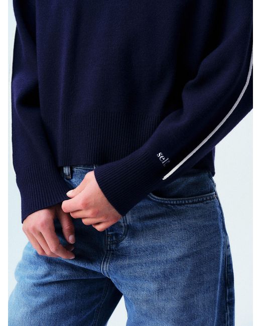 Self Blue Knitted Side Stripe Jumper