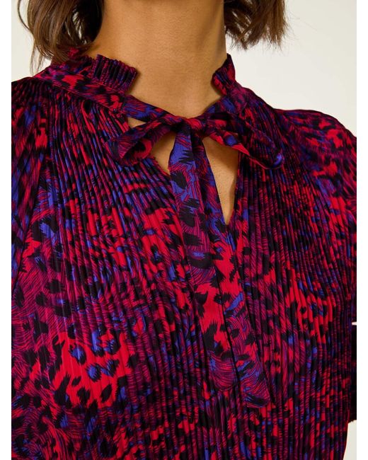 Roman Red Animal Print Tie Neck Pleated Blouse