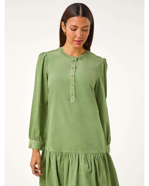 Roman Green Corduroy Button Detail A-Line Dress