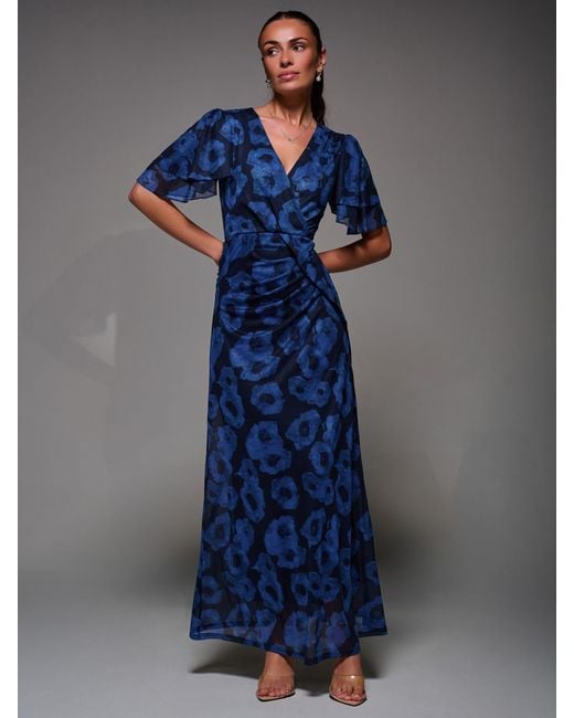 Jolie Moi Blue Angel Sleeve Draped Mesh Maxi Dress