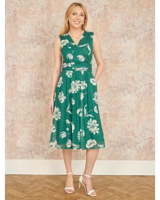 Yumi' Green Floral Print Stretch Mesh Dress With Pockets