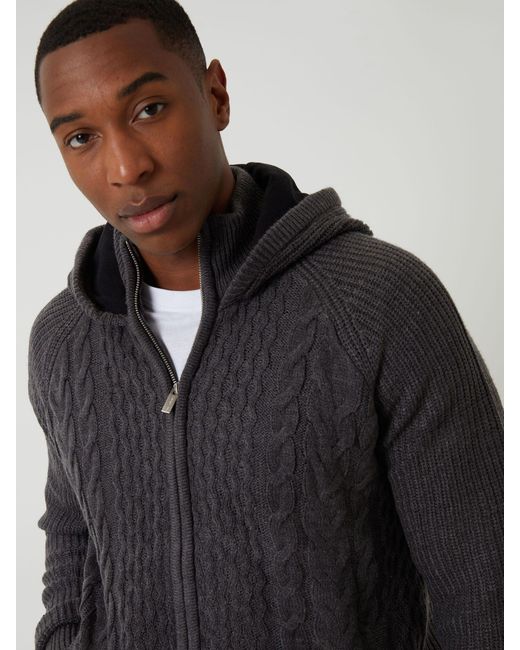 Threadbare Gray Cable Knit Microfleece Lined Zip Through Hoodie for men
