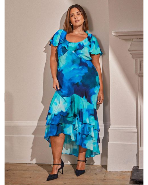 Live Unlimited Women's Blue Curve Floral Scoop Neck Ruffle Dress Live Unlimited Women's Blue Curve Floral Scoop Neck Ruffle Dress