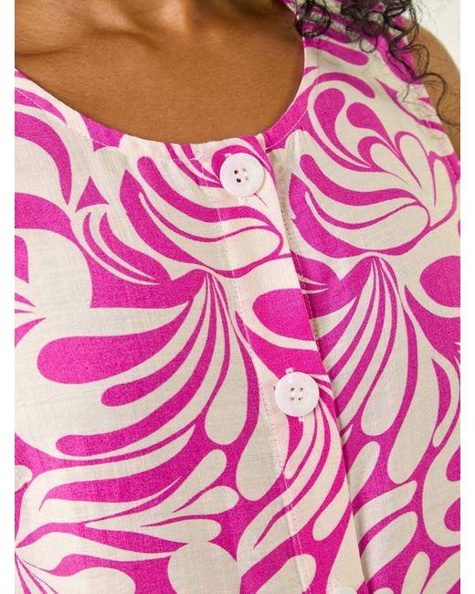 Roman Pink Petite Leaf Print Buttoned A-Line Dress