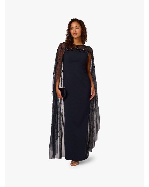 Adrianna Papell Blue Bead Cape Crepe Long Dress