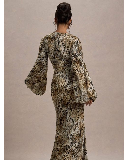 Club L London Natural Casarile V-Neck Balloon Sleeve Maxi Dress