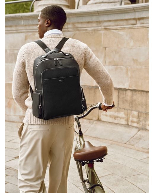 Aspinal Black Reporter Pebble Leather Zip Backpack for men