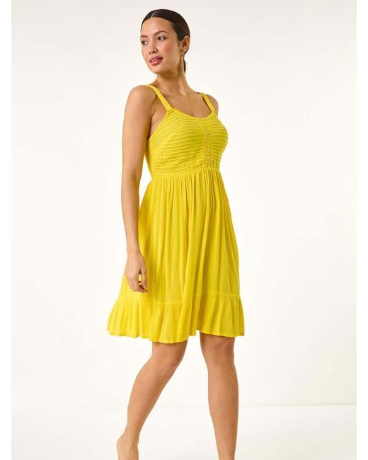 Roman Yellow Strappy Shirred Sundress