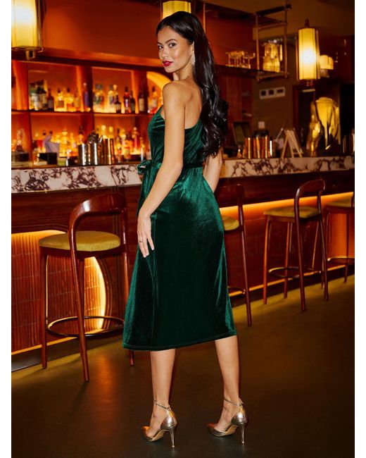 Yumi' Orange Velvet Frill One Shoulder Midi Dress With Split Hem