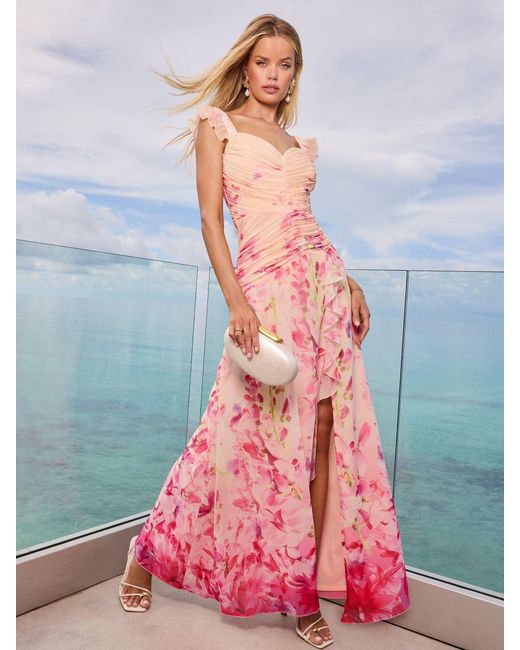 Lipsy Pink Petite Floral Printed Frill Sleeve Maxi Dress