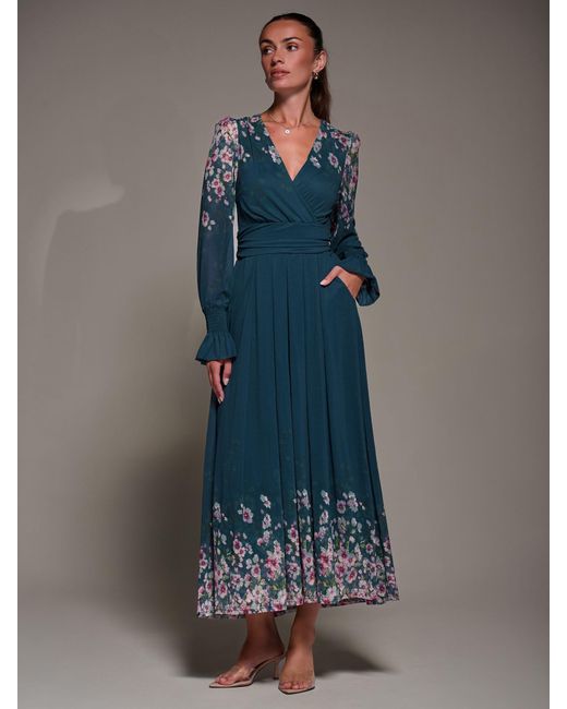 Jolie Moi Blue Mirrored Print Long Sleeve Mesh Maxi Dress