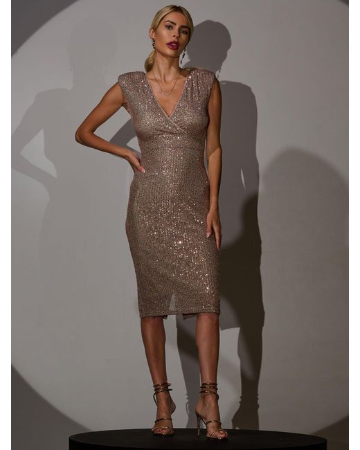 Jolie Moi Glitter Sequin Bodycon Midi Dress in Brown | Lyst