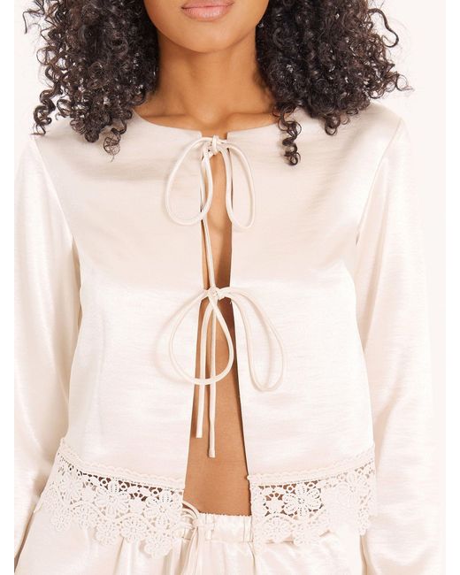 4th & Reckless Natural 4Th & Reckless Satin Tie Front Blouse With Lace Trim