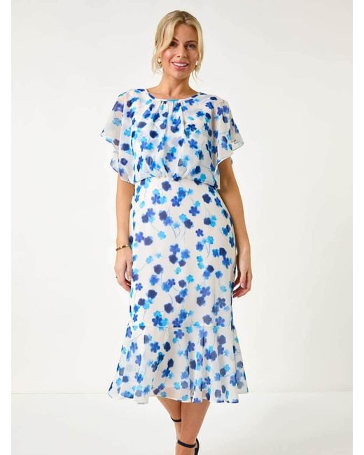 Roman Blue Petite Floral Print Blouson Dress
